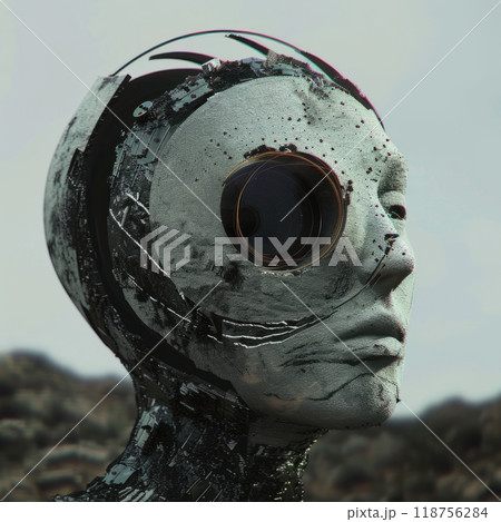 Futuristic Humanoid Figure With a Large Eye Amidst a Desolate Landscape. Generative AI 118756284