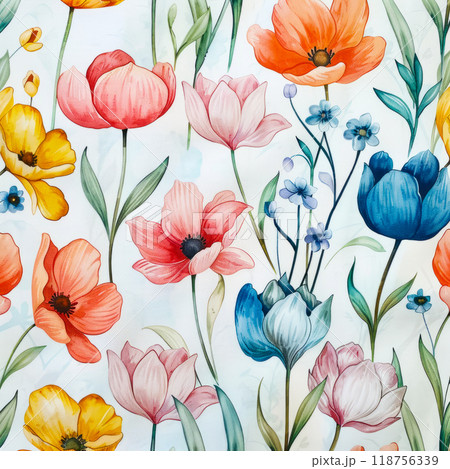 Colorful Floral Pattern Showcasing Various Blooms in a Vibrant Arrangement. Generative AI 118756339