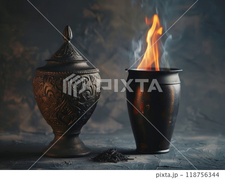 cremation. A clay urn with the ashes of a person who died. burial rituals. Combustion. Generative AI 118756344