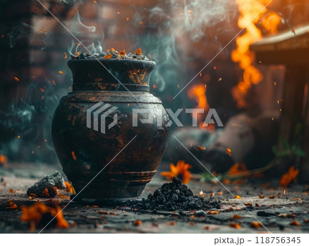 cremation. A clay urn with the ashes of a person who died. burial rituals. Combustion. Generative AI cremation. A clay urn with the ashes of a person who died. burial rituals. Combustion. Generative AI 118756345