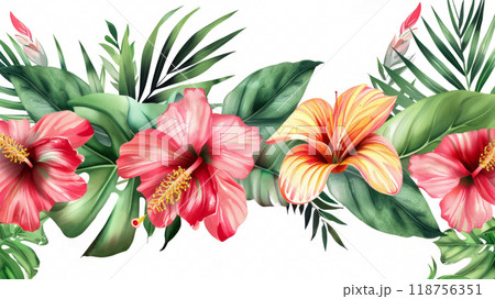 Vibrant Tropical Floral Arrangement Featuring Hibiscus and Palm Leaves. Generative AI 118756351