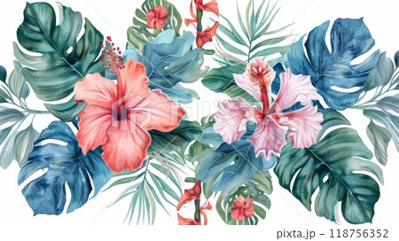 Vibrant Tropical Flowers and Lush Greenery Create a Colorful Pattern Design. Generative AI 118756352