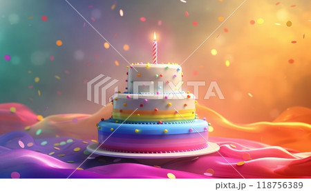 Festive cake in the colors of the rainbow with one candle Festive cake in the colors of the rainbow with one candle 118756389