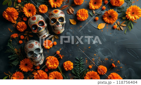 Festive Halloween Background With Skulls and Vibrant Autumn 118756404