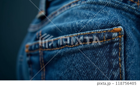 A close-up shot of the back pocket of blue denim jeans, showcasing the texture and stitching details. The image represents casual fashion and durability. 118756405