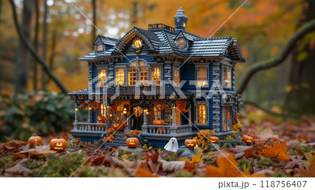 Charming Halloween-themed Miniature House Surrounded by Autumn Foliage and Festive Decorations. Generative AI 118756407