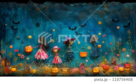 Cheerful Halloween Landscape With Pumpkins, Bats, and a Spooky Sky at Dusk. 118756408