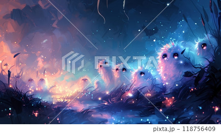 Colorful Spectral Figures Celebrate Halloween in a Festive, Lantern-Lit Village at Night. 118756409