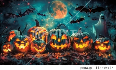 Mysterious Halloween Night With Glowing Jack-O'-Lanterns, Bats, and a Ghost Under a Full Moon. 118756417