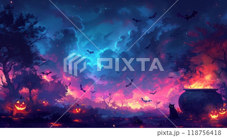 Spooky Halloween Night With a Bubbling Cauldron, Carved Pumpkins, and Flying Bats in a Misty Forest. Generative AI 118756418
