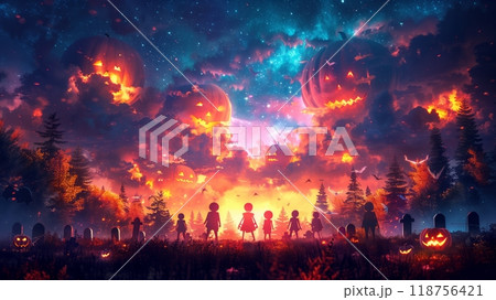 Colorful Skeletons Dance Joyfully Under a Starry Sky in a Spooky Graveyard at Night. Generative AI 118756421