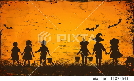 Cheerful Halloween Landscape With Pumpkins, Bats, and a Spooky Sky at Dusk. 118756433