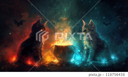 Two Mystical Cats in a Magical Setting Near a Glowing Cauldron on a Dark, Enchanted Night. 118756438