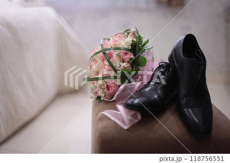 Pair of very stylish gentleman shoes glossy black shoes very luxurious and expensive shoes, conveying style and sophistication of a successful businessman 118756551