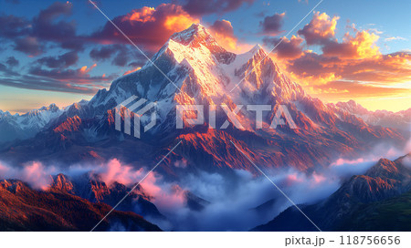 Majestic mountain peak bathed in sunset glow over distant rugged terrain. Generative AI 118756656