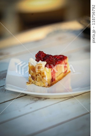 Beautiful multicolored decorated baked sweet tasty party cakes or catering cakes for party, bar dessert selection with cake, pie and pastries catering banquet, coffee break buffet at a conference 118756792