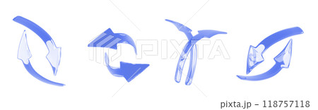 3d set of blue curve arrow isolated render icon. Two circular arrows up and down, left and right different angles view. Symbol of refresh, reload, repeat, update and synchronization. 3D illustration 118757118