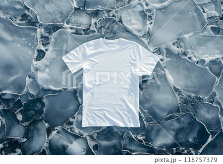 White t-shirt on frozen ice texture. Cotton tshirt in nature winter background. Mockup blank fashion design. Casual blank shirt textile. Empty mock up cloth collection 118757379