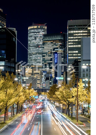 名古屋市、桜通りのイチョウ並木と名古屋駅のビル群の夜景 118757509