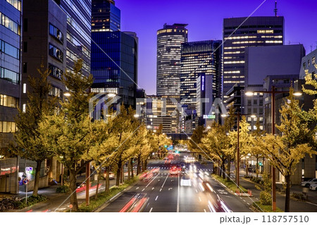 名古屋市、桜通りのイチョウ並木と名古屋駅のビル群の夜景 118757510