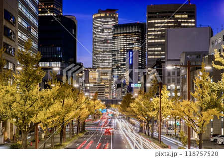 名古屋市、桜通りのイチョウ並木と名古屋駅のビル群の夜景 名古屋市、桜通りのイチョウ並木と名古屋駅のビル群の夜景 118757520