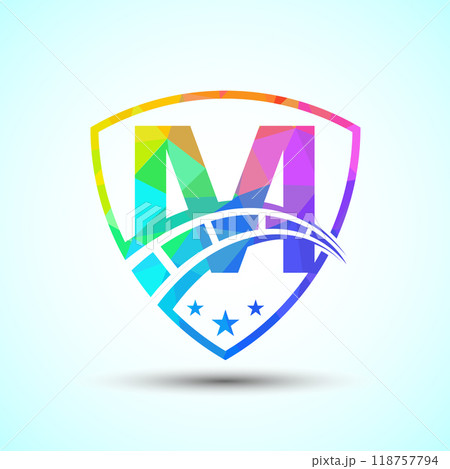 Low poly alphabet with speedometer and shield sign. The automotive logo design concept Low poly alphabet with speedometer and shield sign. The automotive logo design concept 118757794