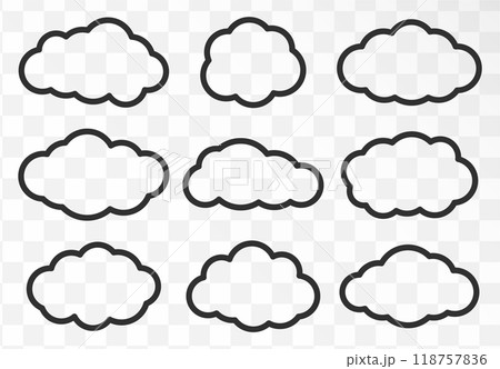 Live outline stroke cartoon cloud icon collection. Weather forecast clouds logo symbol sign. Vector illustration image. Isolated on background. 118757836