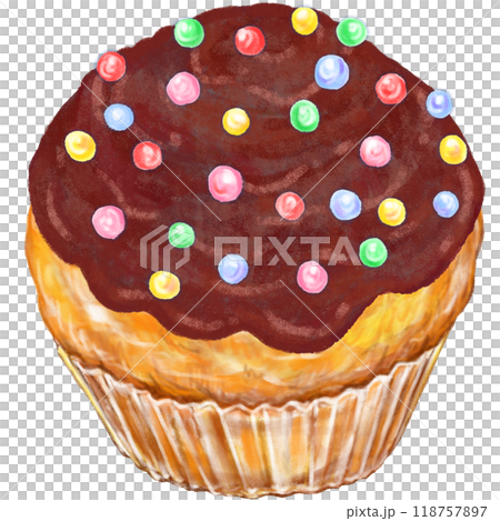 Cupcake_Chocolate cream_Colored chocolate pieces Cupcake_Chocolate cream_Colored chocolate pieces 118757897