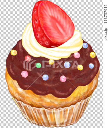 Cupcake_Strawberry_Whipped cream_Chocolate cream_Colored grains 118757912