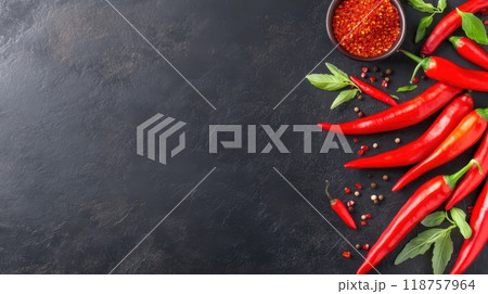 Top view of red chili peppers and a bowl of crushed red pepper flakes, set on a textured dark red and black background. 118757964