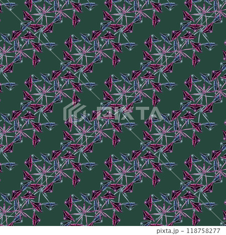 Abstract geometric seamless pattern with poisonous purple, green toadstools on green background. Watercolor illustration template for esoteric, witchcraft, Halloween: invitations, menu, cards Abstract geometric seamless pattern with poisonous purple, green toadstools on green background. Watercolor illustration template for esoteric, witchcraft, Halloween: invitations, menu, cards 118758277
