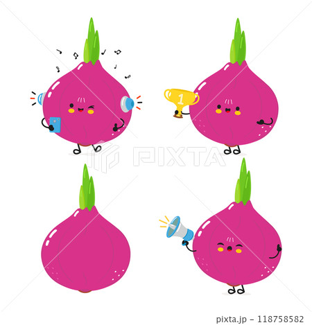 Funny Onion characters bundle set. Vector hand drawn doodle style cartoon character illustration icon design. Cute Onion mascot character collection 118758582