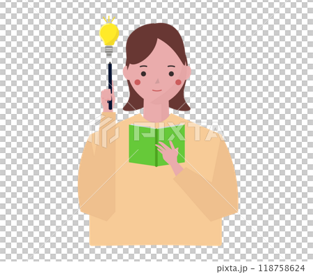 アイデアを思い付いてメモをする女性。ベクターイラスト	 118758624