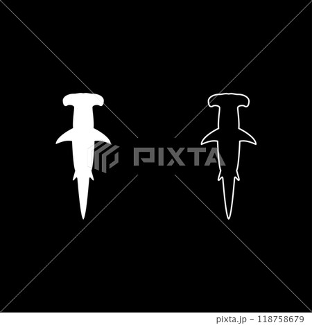 Shark hammer head set icon white color vector illustration image solid fill outline contour line thin flat style Shark hammer head set icon white color vector illustration image solid fill outline contour line thin flat style 118758679