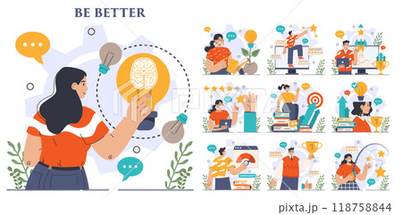 Be better concept set. Improvement and development idea. Growth of business or professional qualification, competencies and skills. Training for career development. Flat vector illustration 118758844