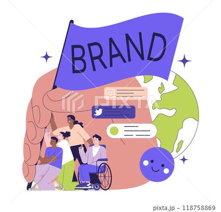 Business using social media. Digital promotion. Website or brand advertisement and public relations. Tribal marketing strategy, community loyalty and reputation improvement. Flat vector illustration Business using social media. Digital promotion. Website or brand advertisement and public relations. Tribal marketing strategy, community loyalty and reputation improvement. Flat vector illustration 118758869