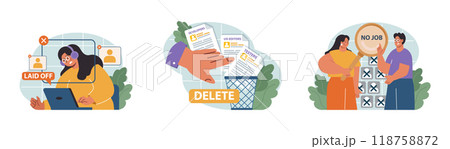 Dismissal of IT specialists set. Mass layoffs of internet technolgy employee due to financial crisis. Overheated labor market. Flat vector illustration 118758872