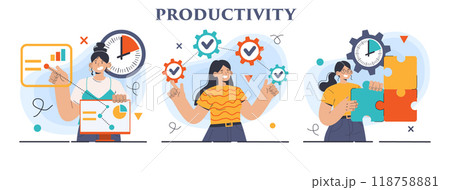 Productivity concept set. Character worktime optimization. Employee job performance, multitasking and efficiency. Career progress and development. Flat vector illustration 118758881