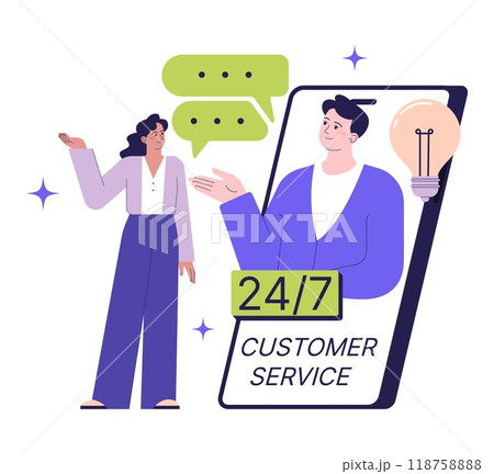 Business using social media. Website or brand advertisement and public relations. Available customer service for 24h. Loyalty growth. Assistant or consultant helping a client. Flat vector illustration Business using social media. Website or brand advertisement and public relations. Available customer service for 24h. Loyalty growth. Assistant or consultant helping a client. Flat vector illustration 118758888