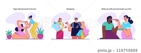 Celebrity routine set. Movie or music star, famous person work and life activities. Well-known female or male artist success. Flat vector illustration Celebrity routine set. Movie or music star, famous person work and life activities. Well-known female or male artist success. Flat vector illustration 118758889