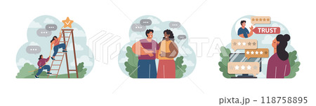 Company credibility set. Brand reputation based on customer loyalty and trust. Corporate public relations strategy. Security of data. Flat vector illustration 118758895