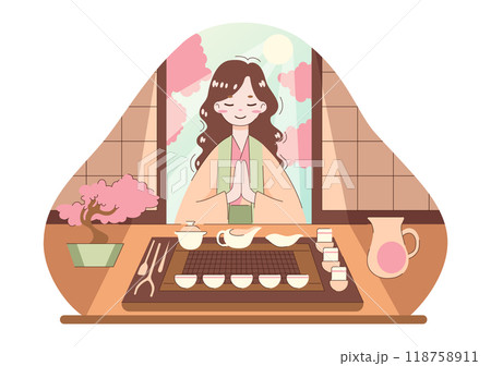 Tea ceremony. Japanese woman preparing and drinking tea at kotatsu table. Traditional asian culture, hot green tea pot, small cups and spoons. Flat vector illustration 118758911