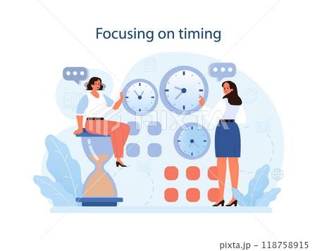 Focus on timing to conduct difficult negotiation. Business characters with opposite opinions coming up with mutual decision. Making a compromise on a meeting. Flat vector illustration Focus on timing to conduct difficult negotiation. Business characters with opposite opinions coming up with mutual decision. Making a compromise on a meeting. Flat vector illustration 118758915