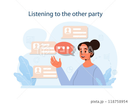 Listen to the other party to conduct difficult negotiation. Business characters with opposite opinions coming up with mutual decision. Making a compromise on a meeting. Flat vector illustration 118758954