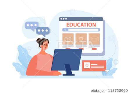 Online education. Character study remotely using internet, online services, application or website. Idea of e-learning and gaining knowledge by modern online courses. Flat vector illustration 118758960