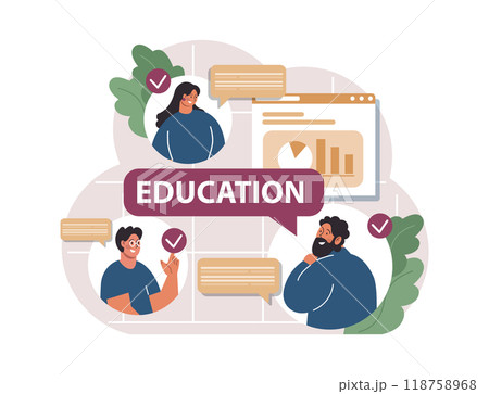 Online education. Character study remotely using internet, online services, application or website. Idea of e-learning and gaining knowledge by modern online courses. Flat vector illustration 118758968