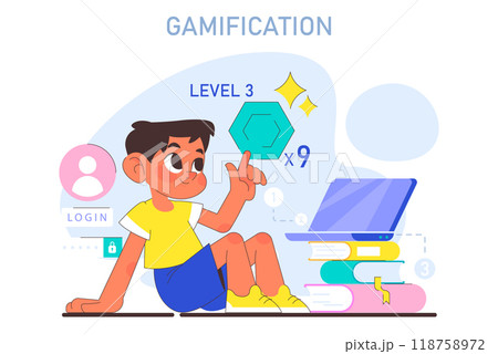 AI in children education. Little school girl gaining knowledge with help of artificial intelligence and gamification of education. Game elements in learning process. Flat Vector illustration 118758972