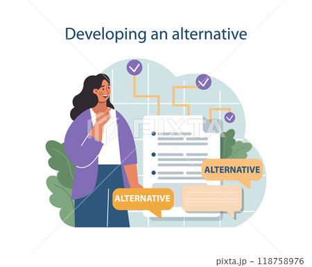 Develop an alternative to conduct difficult negotiation. Business characters with opposite opinions coming up with mutual decision. Making a compromise on a meeting. Flat vector illustration 118758976
