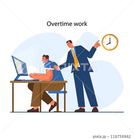 Overtime work. Employee working late at the computer. Manager pointing on a clock. Serious corporate problem. Work burnout cause. Flat vector illustration 118758982