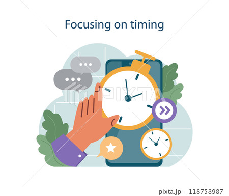 Focus on timing to conduct difficult negotiation. Business characters with opposite opinions coming up with mutual decision. Making a compromise on a meeting. Flat vector illustration 118758987